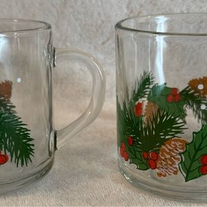 Vintage Libbey Glass Christmas Mugs/ Cups. Holly and Pine Cone Pattern.